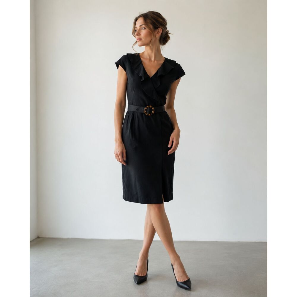 White House Black Market Black Ruffle Wrap Dress Size 0 Belted Sheath Career
